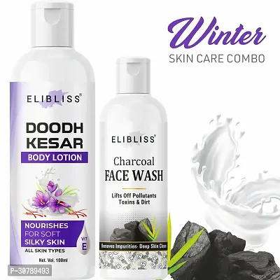 Elibliss Doodh Kesar Natural Body Lotion with Charcoal Face Wash for Prevents Pimple