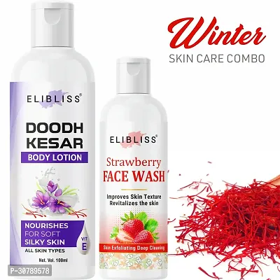 Elibliss Doodh Kesar Body Lotion with Strawberry Face Wash for Pimple Control