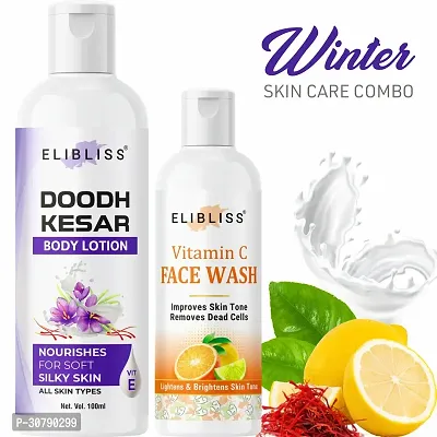 Elibliss Doodh Kesar Fairness Body Lotion with Vitamin C Gel Based Face Wash for All Skin