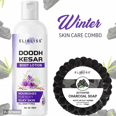 Elibliss Doodh Kesar Body Lotion with Natural Charcoal Soap for Dead Skin (150gm)