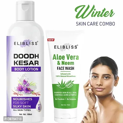 Elibliss Doodh Kesar Natural Body Lotion with Aloe Vera Face Wash for Prevents Pimple