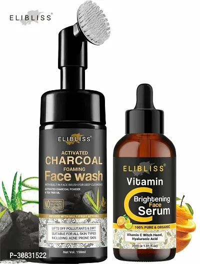 Elibliss Charcoal Foaming Face Wash + Vitamin C Serum for Cleans Skin Pores