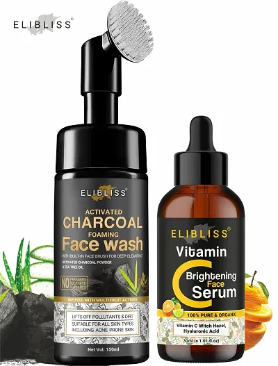 Elibliss Charcoal Foaming Face Wash + Vitamin C Serum for Cleans Skin Pores