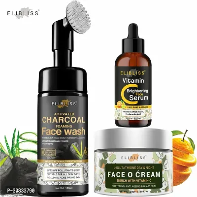 Elibliss Charcoal Foaming Face Wash + Vitamin C Serum + Face O Cream combo for Daily Care