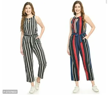 Stylish Multicoloured Crepe Striped Basic Jumpsuit For Women Pack Of 2-thumb0