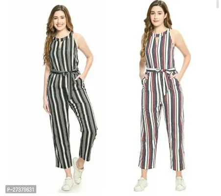 Stylish Multicoloured Crepe Striped Basic Jumpsuit For Women Pack Of 2-thumb0