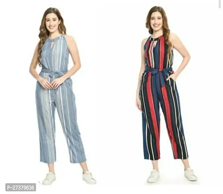 Stylish Multicoloured Crepe Striped Basic Jumpsuit For Women Pack Of 2