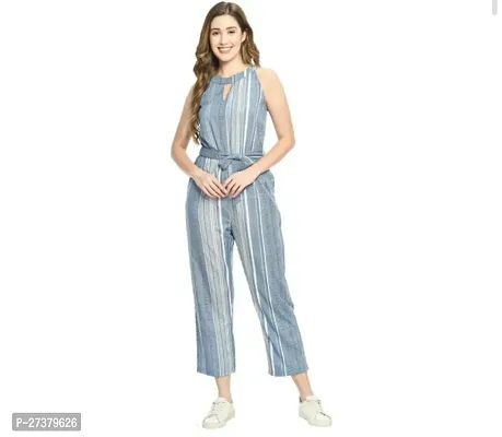 Stylish Grey Crepe Striped Basic Jumpsuit For Women