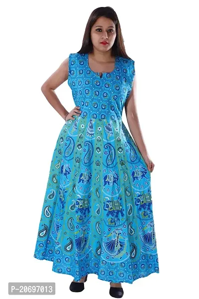 AZAD DYEING Cotton Women's Maxi Long Dress Jaipuri Printed Casual Sleeveless Dresses (Light Blue-2)
