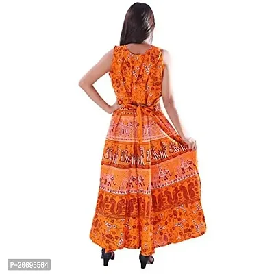 AZAD DYEING Cotton Women's Maxi Long Dress Jaipuri Printed Casual Sleeveless Dresses (Orange)-thumb2