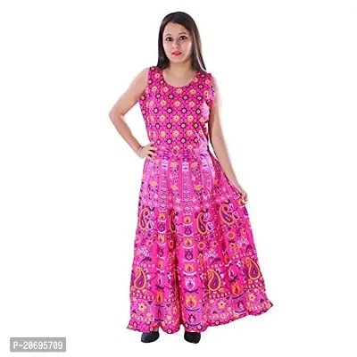 AZAD DYEING Cotton Women's Maxi Long Dress Jaipuri Printed Casual Sleeveless Dresses (Pink-1)