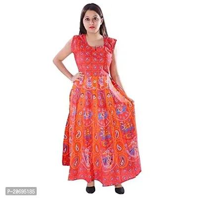 AZAD DYEING Cotton Women's Maxi Long Dress Jaipuri Printed Casual Sleeveless Dresses (Red-1)