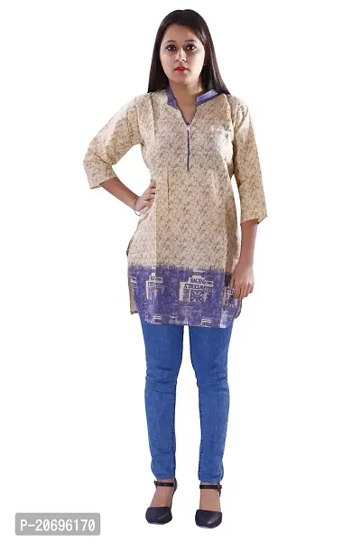 AZAD DYEING Women's Printed Cotton Short Kurti Casual Wear Kurta (Beige)