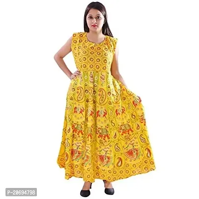 AZAD DYEING Cotton Women's Maxi Long Dress Jaipuri Printed Casual Sleeveless Dresses (Yellow)