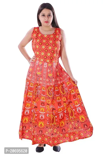 AZAD DYEING Cotton Women's Maxi Long Dress Jaipuri Printed Casual Sleeveless Dresses (Red)