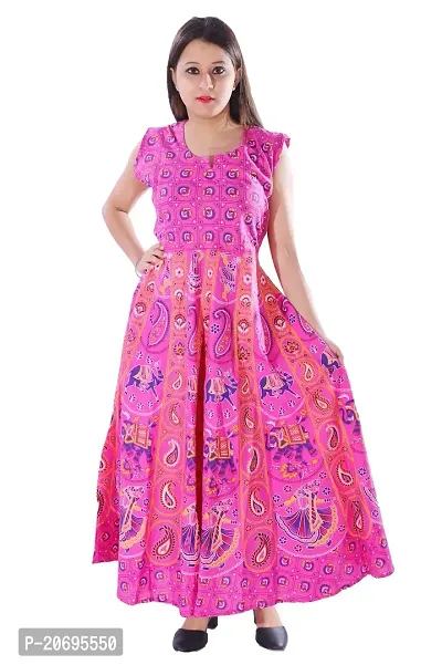 AZAD DYEING Cotton Women's Maxi Long Dress Jaipuri Printed Casual Sleeveless Dresses (Pink-3)
