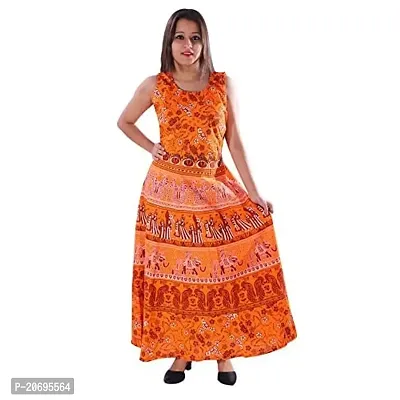 AZAD DYEING Cotton Women's Maxi Long Dress Jaipuri Printed Casual Sleeveless Dresses (Orange)-thumb0