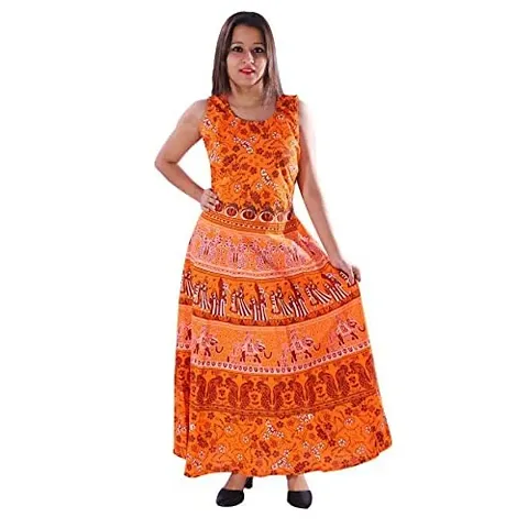 AZAD DYEING Cotton Women's Maxi Long Dress Jaipuri Printed Casual Sleeveless Dresses