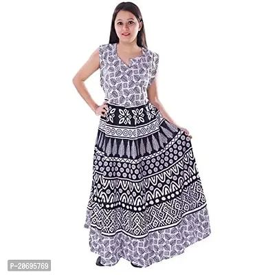 AZAD DYEING Cotton Women's Maxi Long Dress Jaipuri Printed Casual Sleeveless Dresses (Black/White-1)