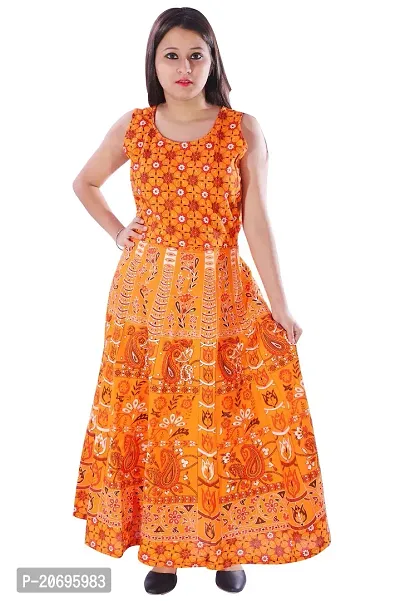 AZAD DYEING Cotton Women's Maxi Long Dress Jaipuri Printed Casual Sleeveless Dresses (Orange-1)
