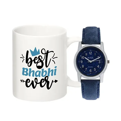 Relish Rakhi Gift for Bhabhi, Analog Watch with Best Bhabhi Ever Printed Ceramic Coffee Mug| Rakhi Gift for Sister in Law/Bhabhi | raksha bandhan Gift