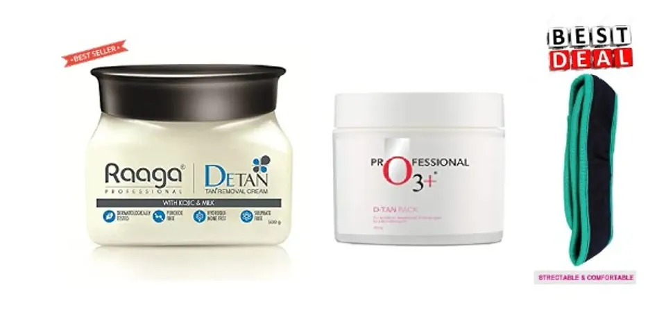 PROFESSIONAL RAAGA  DETAN REMOVING CREAM 490G +  PROFESSIONAL O3+ DETAN PACK 300G + MULTICOLOUR FACIAL BAND