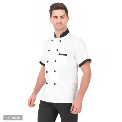 Kodenipr Club Mens Womens Double Breasted White Chef Coat Black Collar, Half Sleeves, Poly/Cotton, Size-thumb5