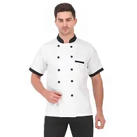 Kodenipr Club Mens Womens Double Breasted White Chef Coat Black Collar, Half Sleeves, Poly/Cotton, Size-thumb3
