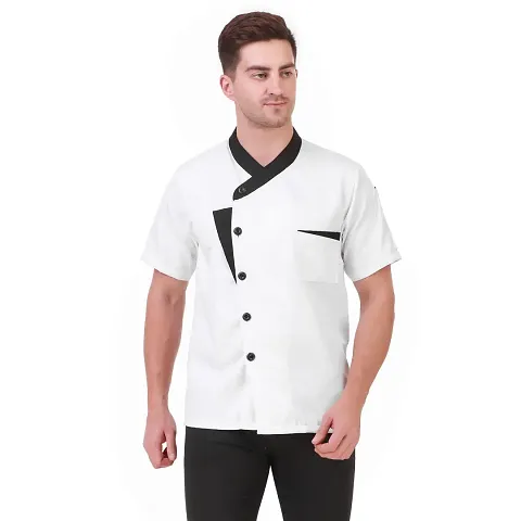 Kodenipr Club Short Sleeves Spliced White Chef Coat Black Contrast,Poly/Cotton,Size