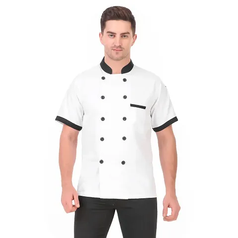 Kodenipr Club Mens Womens Double Breasted White Chef Coat Black Collar, Half Sleeves, Poly/Cotton, Size