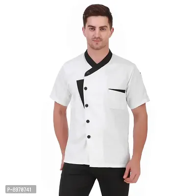 Kodenipr Club Short Sleeves Spliced White Chef Coat Black Contrast,Poly/Cotton,Size-thumb3