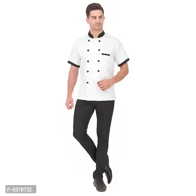 Kodenipr Club Mens Womens Double Breasted White Chef Coat Black Collar, Half Sleeves, Poly/Cotton, Size-thumb3