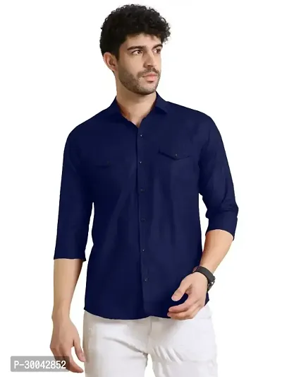 Reliable Navy Blue Cotton Blend Solid Long Sleeves Casual Shirt For Men-thumb0