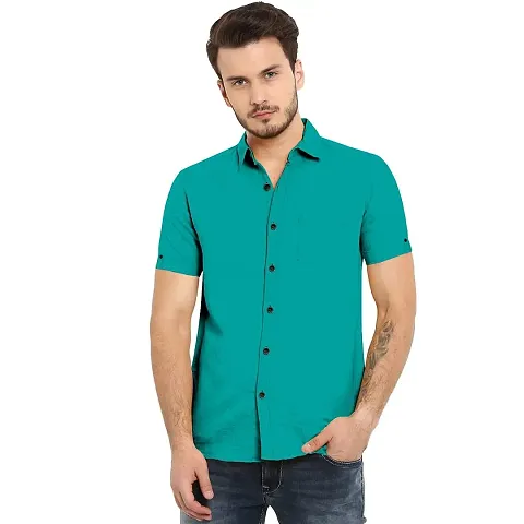 P & V Creations Men?s Slim Fit Solid Casual Cotton Shirt (Beige_Half-S)