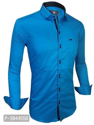 Men's Blue Cotton Solid Long Sleeves Slim Fit Casual Shirt