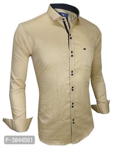 Men's Beige Cotton Solid Long Sleeves Slim Fit Casual Shirt-thumb0