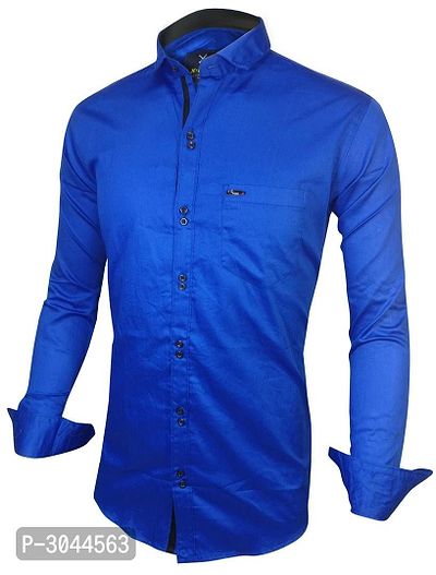 Men's Blue Cotton Solid Long Sleeves Slim Fit Casual Shirt