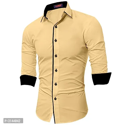 Men's Beige Cotton Long Sleeves Solid Slim Fit Casual Shirt-thumb0