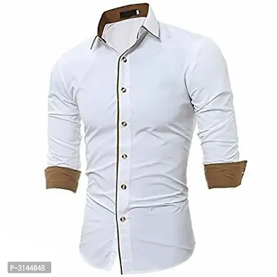 Men's White Cotton Long Sleeves Solid Slim Fit Casual Shirt