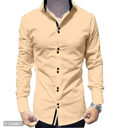 Men's Beige Cotton Long Sleeves Solid Slim Fit Casual Shirt-thumb0