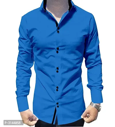 Men's Blue Cotton Long Sleeves Solid Slim Fit Casual Shirt