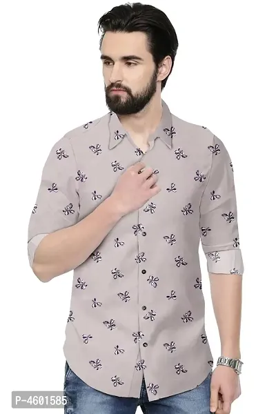 Stylish Grey Printed Cotton Casual Shirt For Men-thumb0