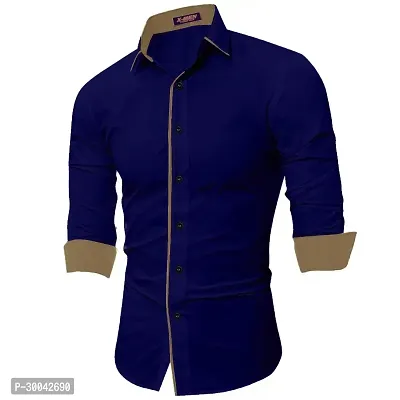 Reliable Navy Blue Cotton Solid Long Sleeves Casual Shirt For Men-thumb0