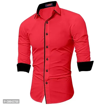 Reliable Red Cotton Blend Solid Long Sleeves Casual Shirt For Men-thumb0