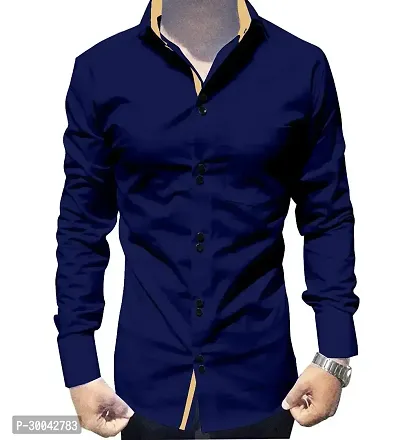 Reliable Navy Blue Cotton Solid Long Sleeves Casual Shirt For Men-thumb0