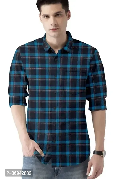 Reliable Blue Cotton Blend Checked Long Sleeves Casual Shirt For Men-thumb0