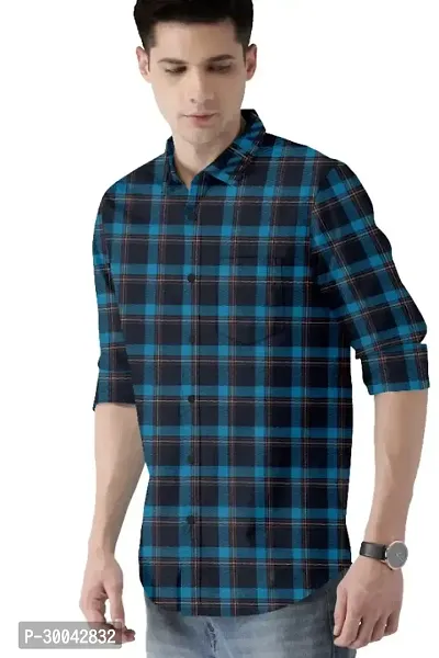 Reliable Blue Cotton Blend Checked Long Sleeves Casual Shirt For Men-thumb2