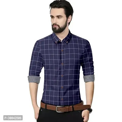 Reliable Navy Blue Cotton Blend Checked Long Sleeves Casual Shirt For Men-thumb0