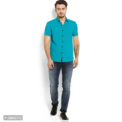 Reliable Blue Cotton Blend Solid Short Sleeves Casual Shirt For Men-thumb4