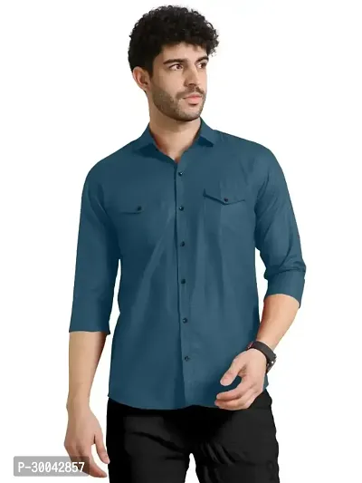 Reliable Blue Cotton Blend Solid Long Sleeves Casual Shirt For Men-thumb0